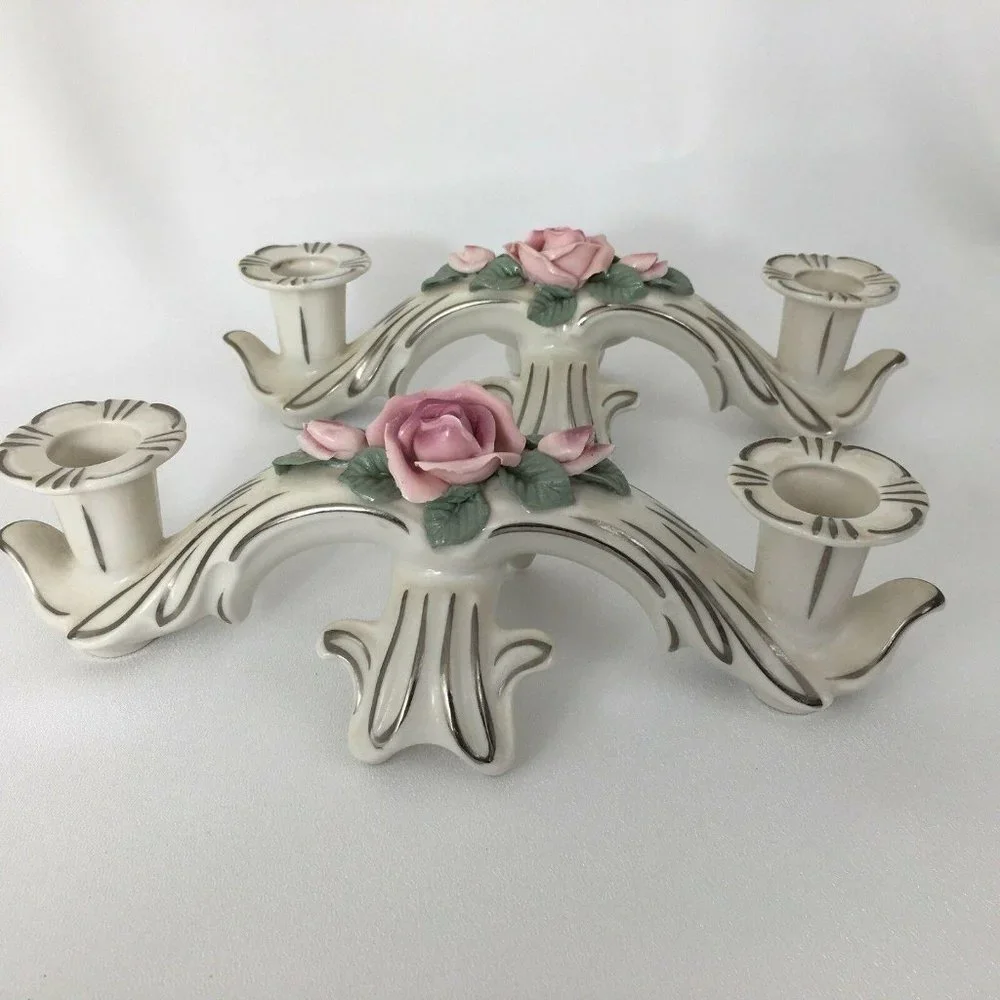 Set‎ of 2 DRESDEN Candle Holders Double Arm Pink